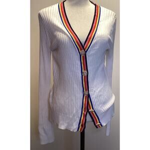 Loft White Rainbow Trim Ribbed Cardigan Light Sweater Medium 70s